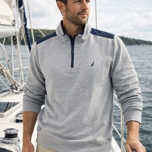 Nautica‎ Men’s XL Gray Quarter Zip Pullover Sweatshirt Navy Panels Cotton Blend
